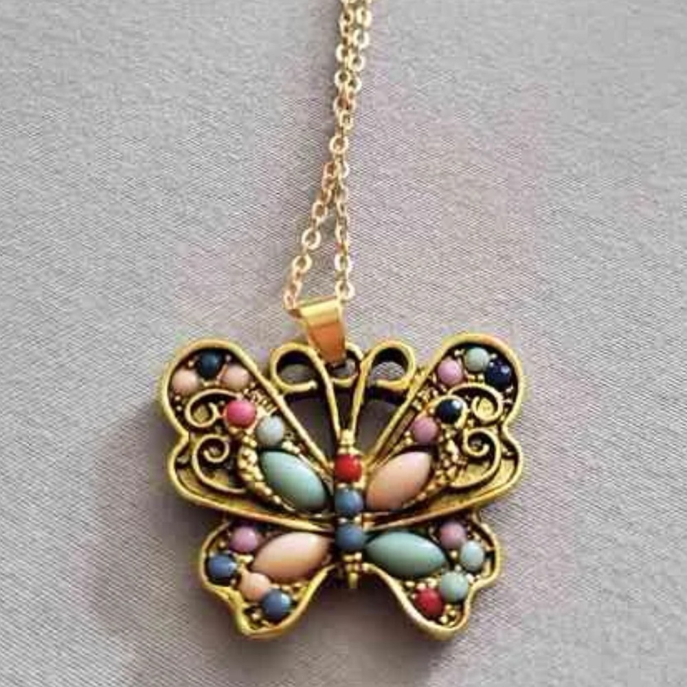 Vintage Multi-Turquoise Butterfly Gold Over Sterling Silver 4.00 ctw Necklace - Picture 5 of 12